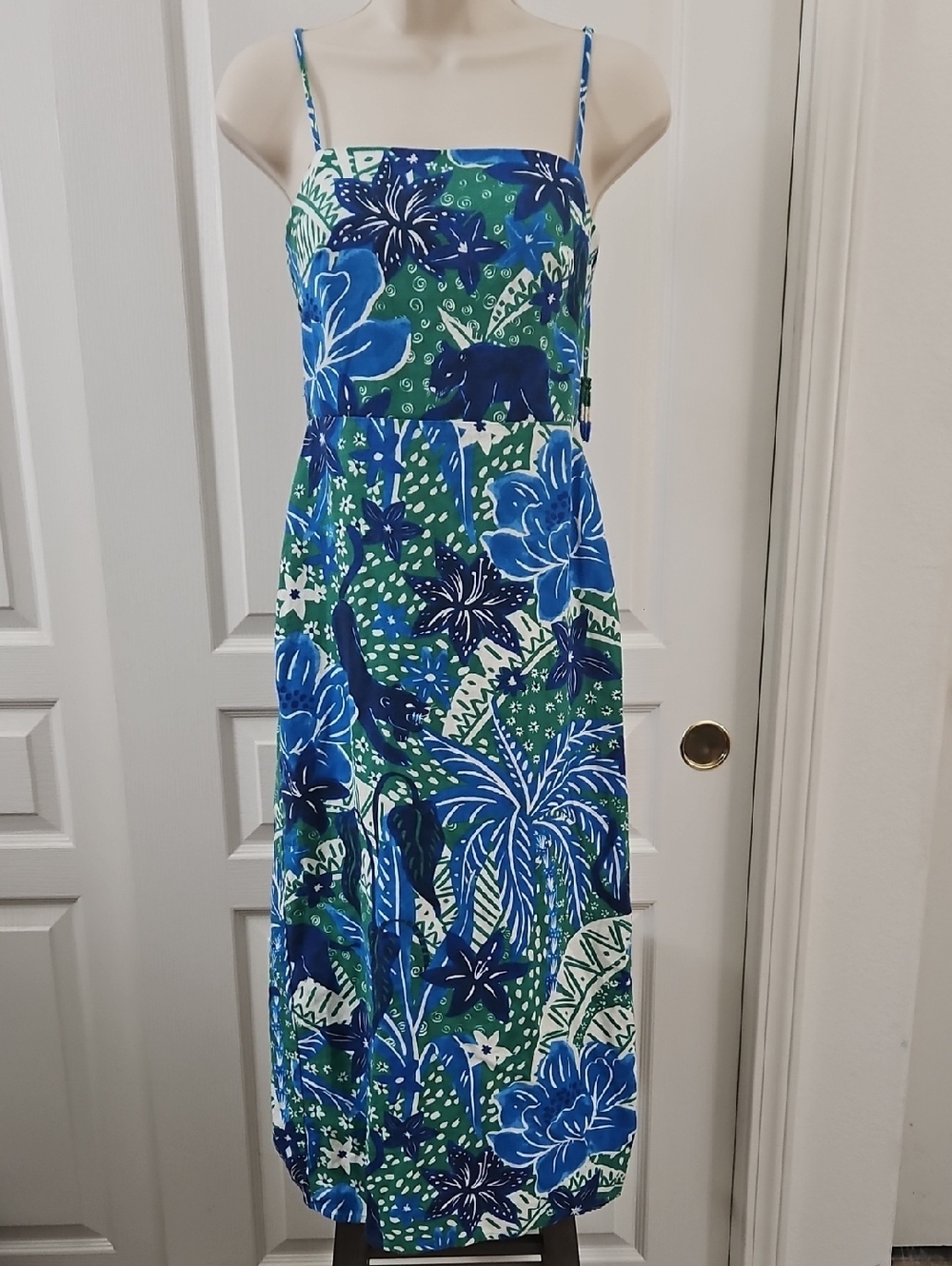 Rachel Zoe | Tropical Blue Green floral jungle Animal Motif Linen midi dress.